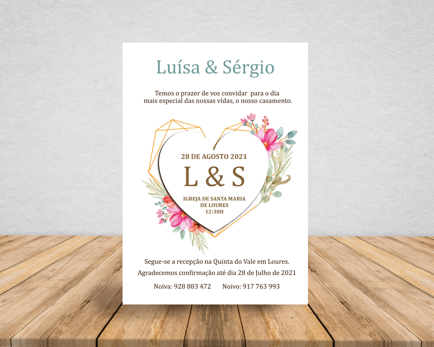 Convite Casamento em Papel e Íman Coração em MDF Destacável
