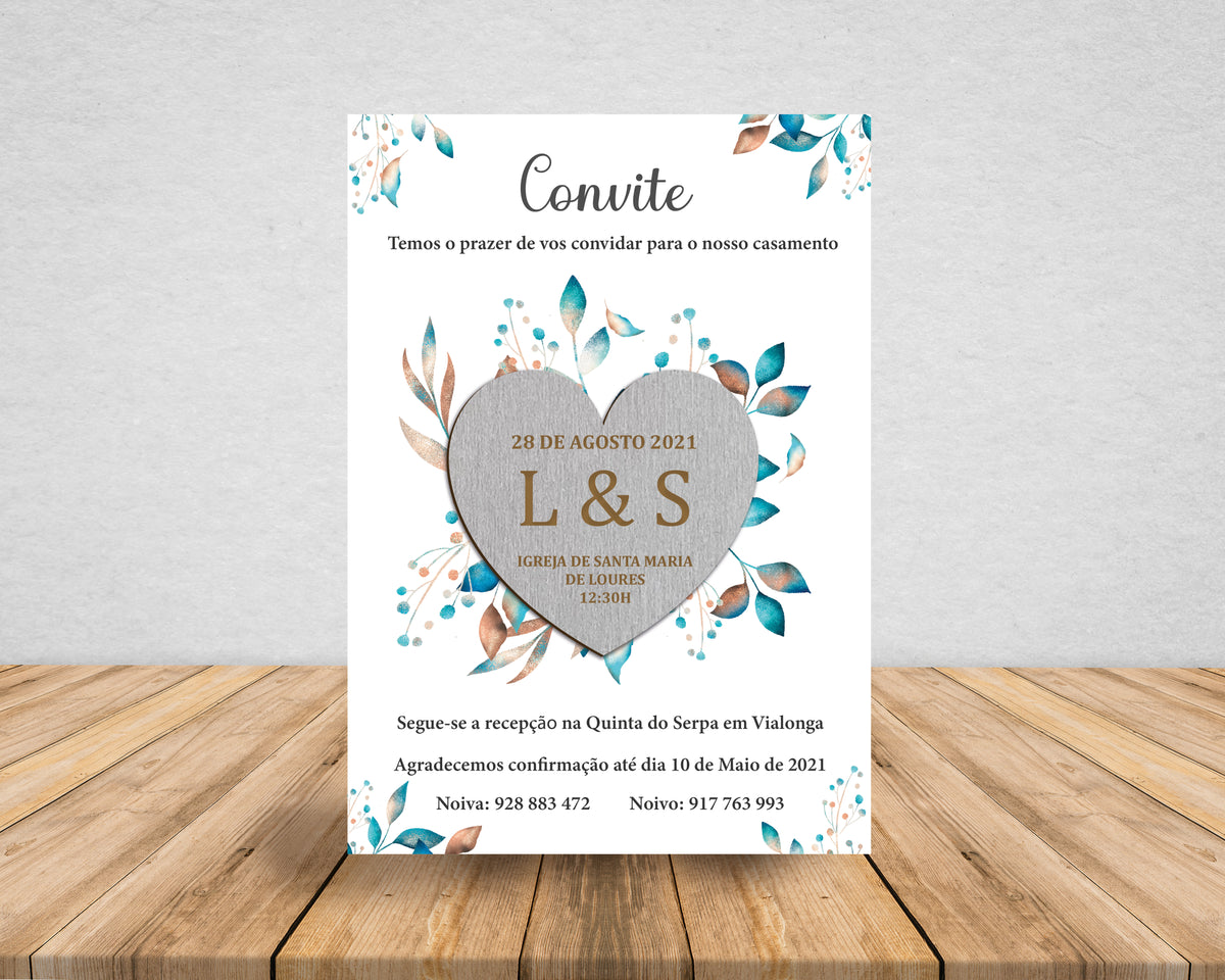 Convite Casamento Floral em Papel e Íman Coração em MDF Destacável