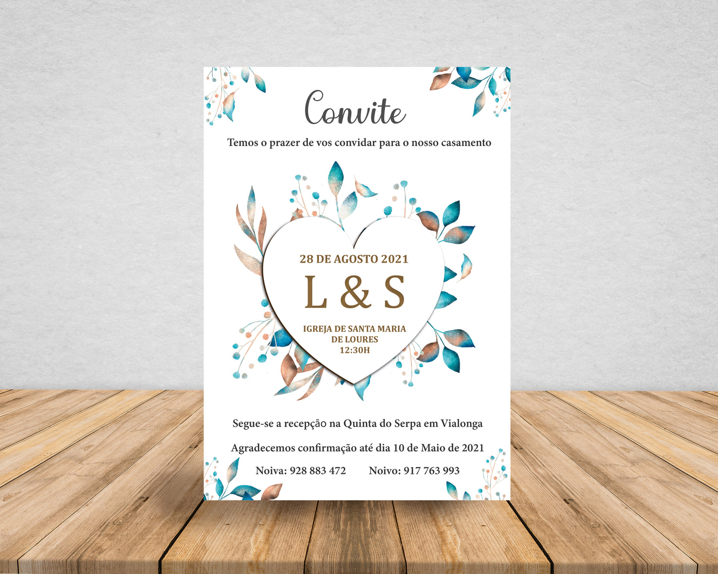 Convite Casamento Floral em Papel e Íman Coração em MDF Destacável