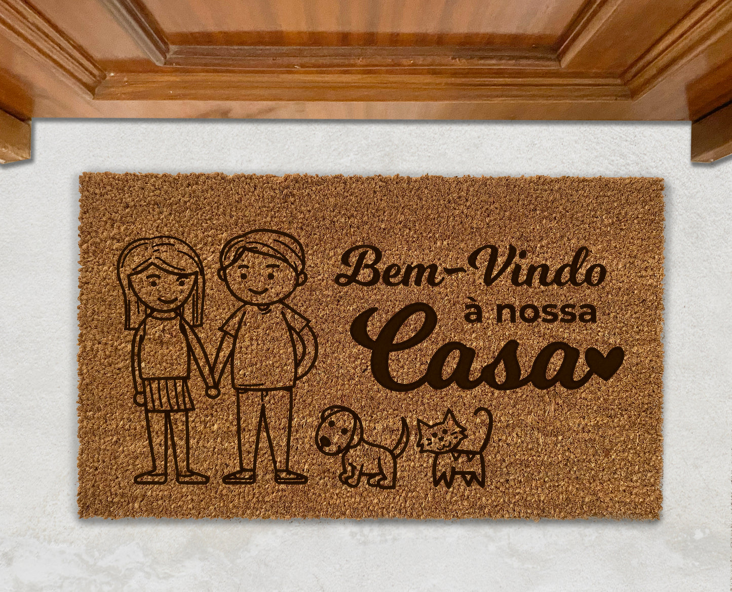 Tapete de Entrada | Bem Vindo à Nossa Casa | Casal e os Seus Animais | Personalizado