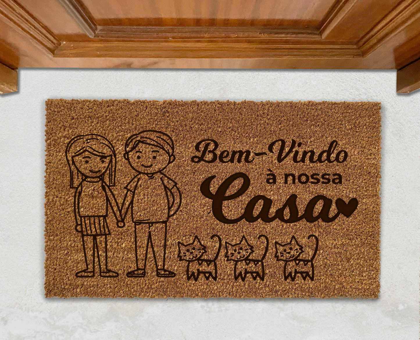 Tapete de Entrada | Bem Vindo à Nossa Casa | Casal e os Seus Animais | Personalizado