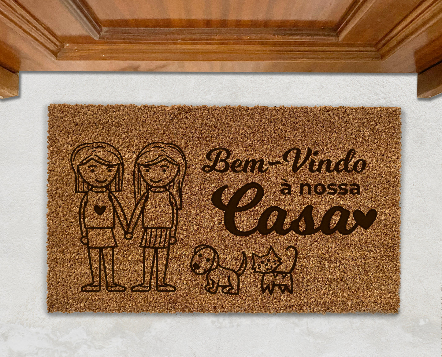 Tapete de Entrada | Bem Vindo à Nossa Casa | Casal e os Seus Animais | Personalizado