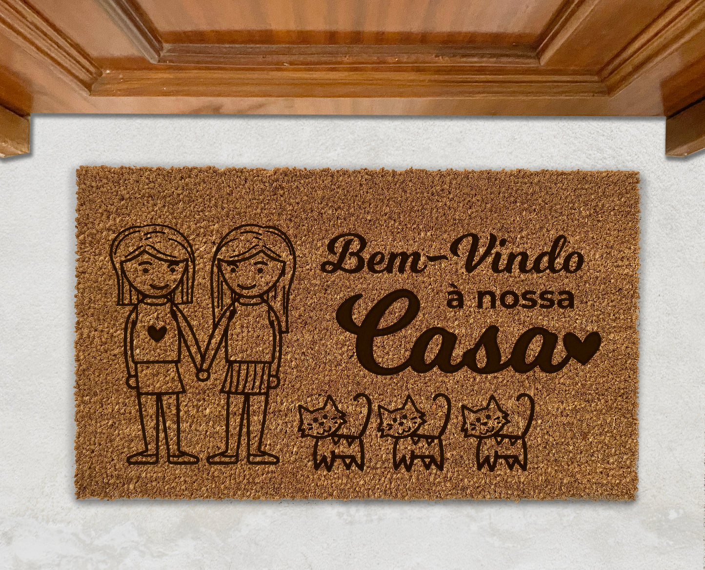 Tapete de Entrada | Bem Vindo à Nossa Casa | Casal e os Seus Animais | Personalizado