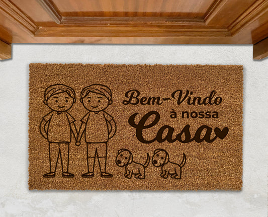 Tapete de Entrada | Bem Vindo à Nossa Casa | Casal e os Seus Animais | Personalizado