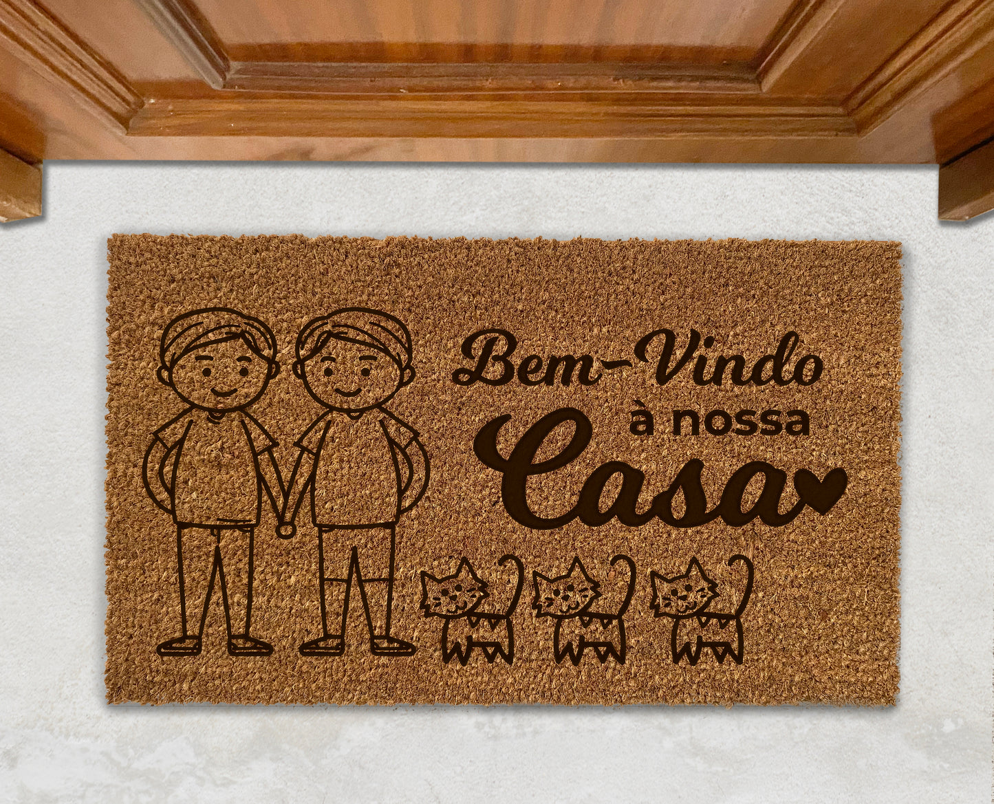 Tapete de Entrada | Bem Vindo à Nossa Casa | Casal e os Seus Animais | Personalizado